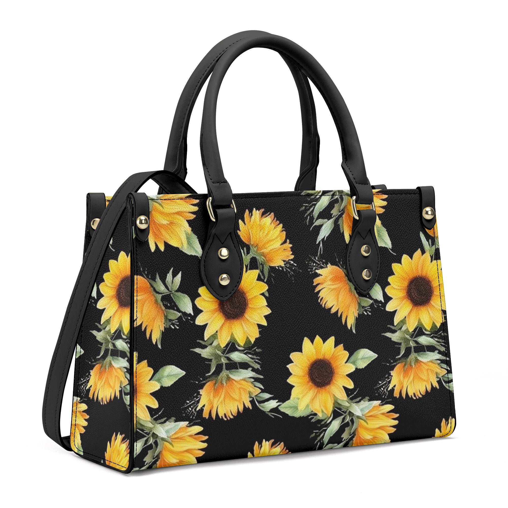 Sunflower Tote Bag Purse, Yellow Flowers Black Vegan Leather Print Han –  Starcove Fashion